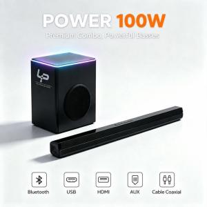 2.1 Channel 100W Soundbar with Bass Subwoofer, Bluetooth, Radio & Aura Light - Home Theater System with AUX, Coax, HDMI, USB Support - Black (Model XY3S)