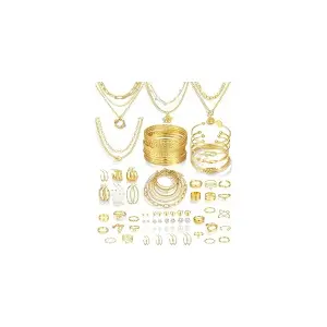 17 MILE 78 Pieces Gold Jewelry Set for Women, 9 Necklace, 24 Bangle Bracelet, 22 Earrings, 23 Knuckle Rings Gold Plated Jewerly set for Women Gift