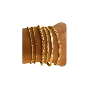 Dearmay Gold Bracelets for Women Waterproof, 14K Gold Plated Minimalist Bracelets Stack Non Tarnish Trendy Dainty Herringbone Vintage Cuban Paperclip Rope Thin Box Link Chain Stackable Jewel